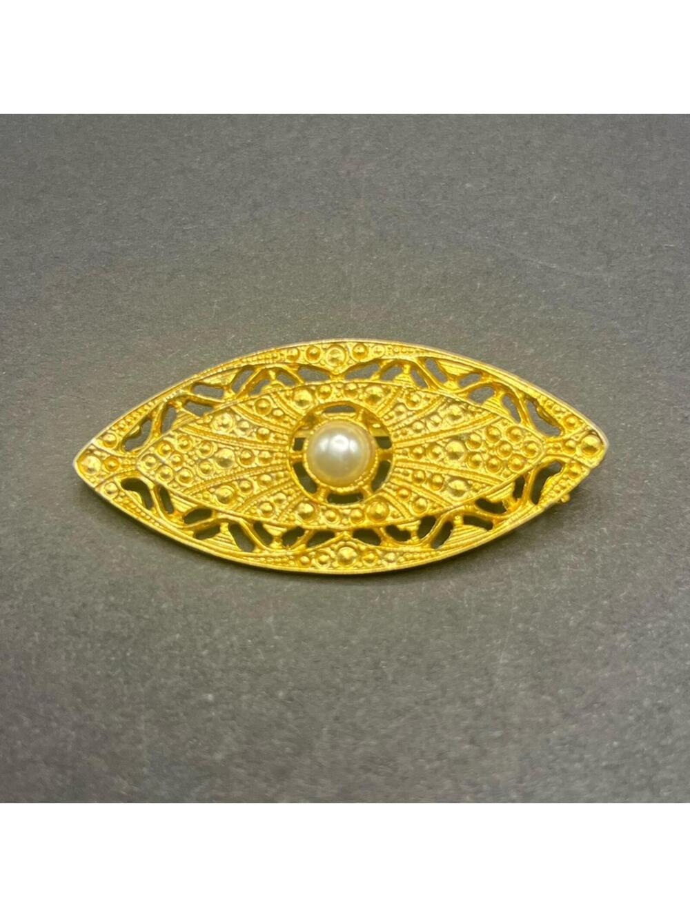 2.5" Gold Tone Evil Eye Brooch Pearl Center Filigree Vintage Style